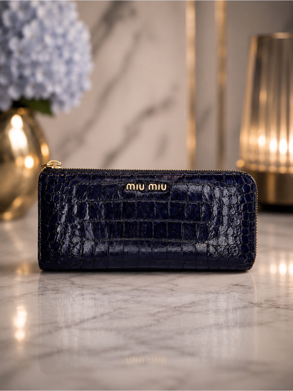 Miu Miu Navy Croc Embossed Leather Long Zip Wallet | Box Included